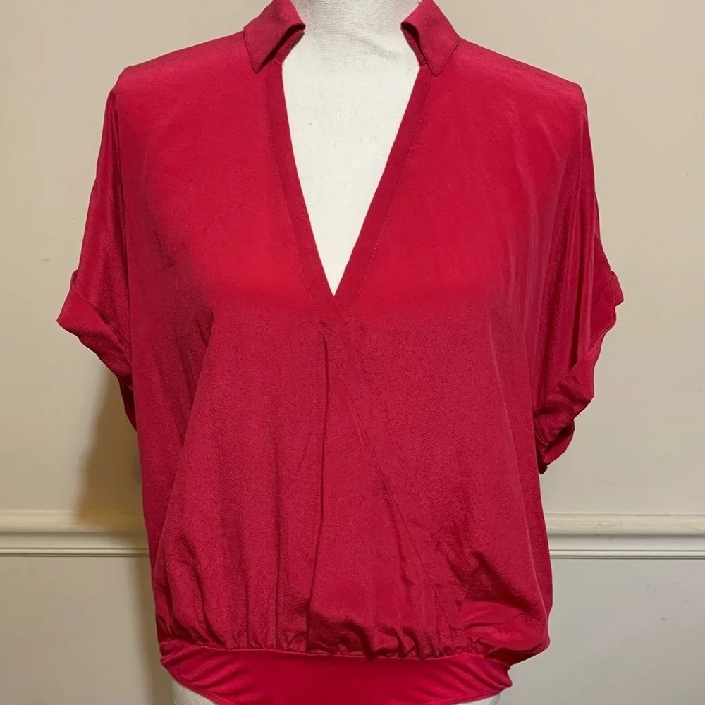 Hot pink Bebe Silk Collared Bodysuit NWT